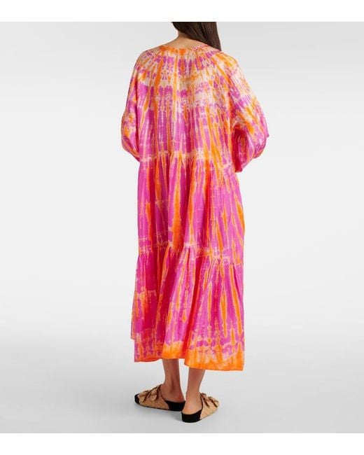 Anna Kosturova Pink Amelia Tie-Dye Tiered Silk Midi Dress
