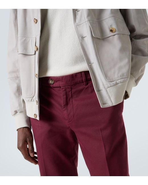 Brunello Cucinelli Red Cotton Gabardine Slim Pants for men