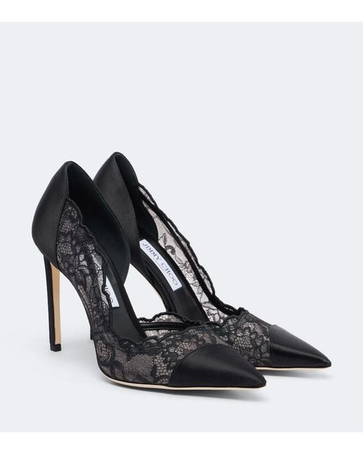 Jimmy Choo Black Brigitte Lace-Trimmed Satin Pumps