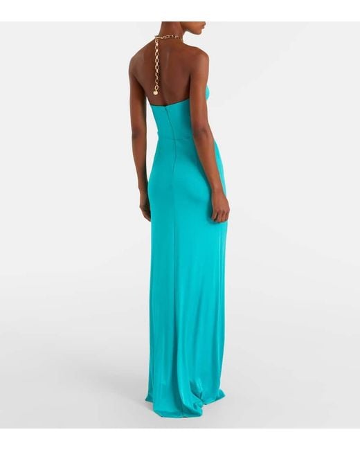 Carolina Herrera Blue Halterneck Ruched Jersey Gown