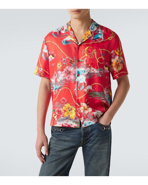Gucci Red Floral Silk Twill Bowling Shirt for men