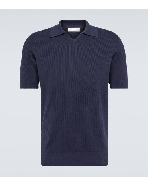Brunello Cucinelli Blue Ribbed-knit Cotton Polo Sweater for men