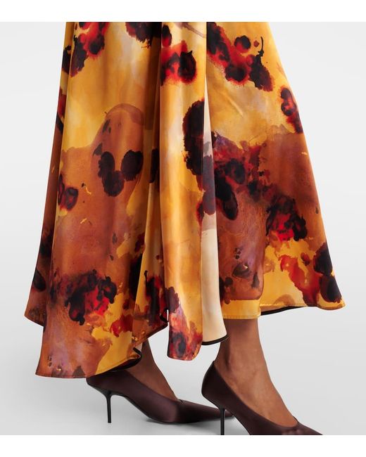 Victoria Beckham Orange Gathered Lace-Trimmed Silk Satin Gown