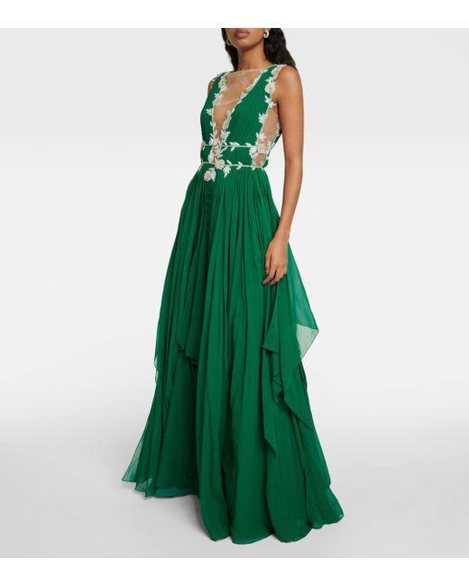 Costarellos Green Embroidered V-neck Draped Silk Gown