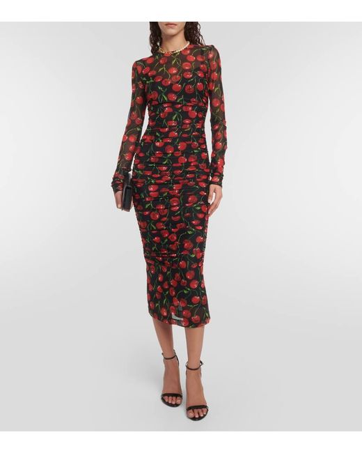Dolce & Gabbana Red Cherry Printed Tulle Midi Dress