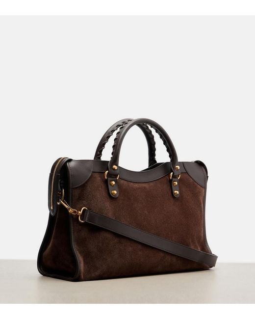 Balenciaga Brown Le City Medium Leather-Trimmed Suede Tote Bag