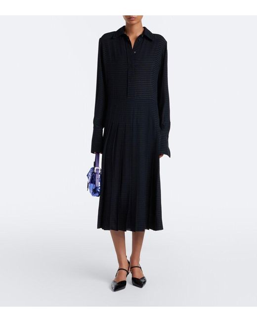 Fendi Black Chevron Jacquard Pleated Silk Midi Dress