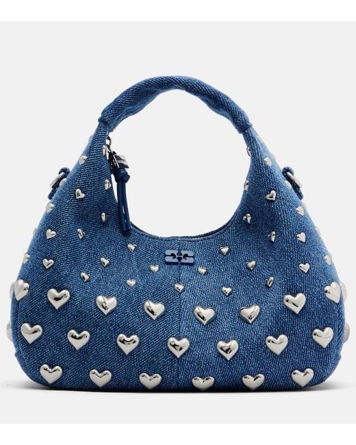 Ganni Blue Mini Studded Denim Top-Handle Bag