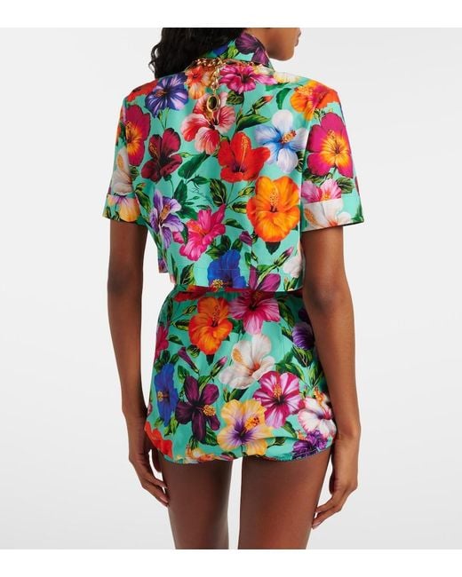Dolce & Gabbana Blue Floral Cotton Crop Top