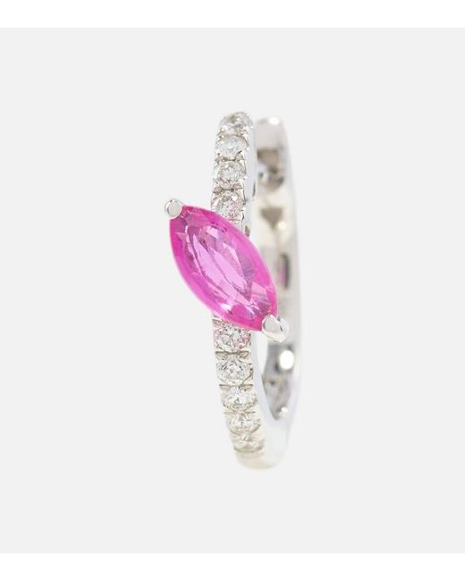Pendiente unico de aro de oro de 14 ct con diamantes y zafiro Roxanne First de color Pink