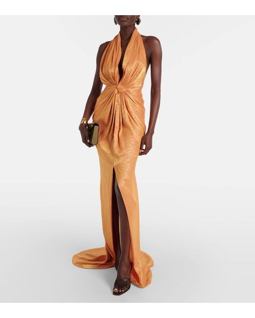 Costarellos Metallic Joa Gathered Halterneck Gown