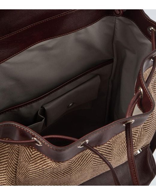 Brunello Cucinelli Brown Herringbone Leather-Trimmed Backpack for men
