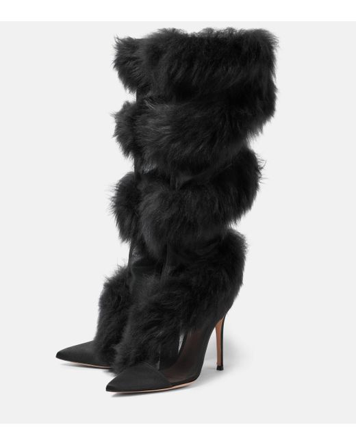 Gianvito Rossi Black Shearling And Mesh Knee-High Boots