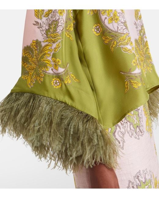 LaDoubleJ Yellow Make An Exit Feather-Trimmed Silk Twill Top