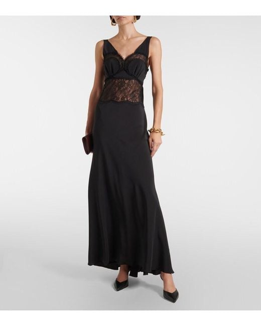 Victoria Beckham Black Lace-Trimmed Silk Midi Dress