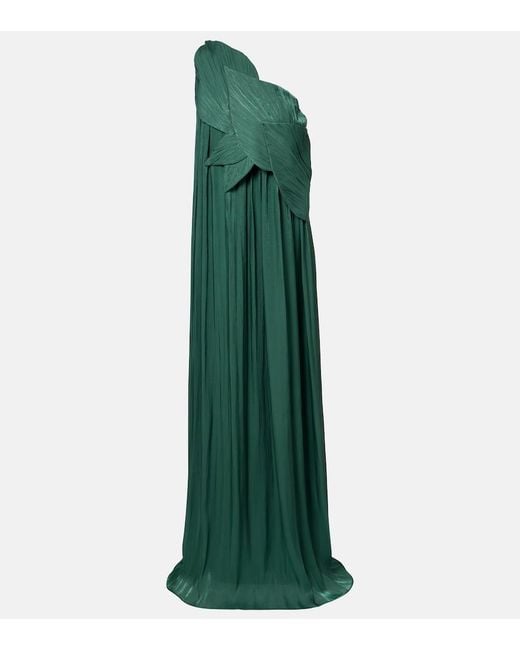 Costarellos Green Amabel One-Shoulder Pleated Gown
