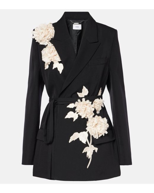 Erdem Black Floral-applique Wool Grain De Poudre Jacket