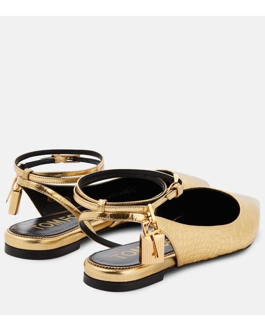 Tom Ford Metallic Padlock Croc-Effect Ballet Flats