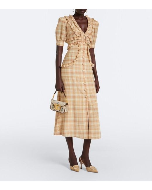 Alessandra Rich Natural Ruffled Plaid Silk Midi Dress