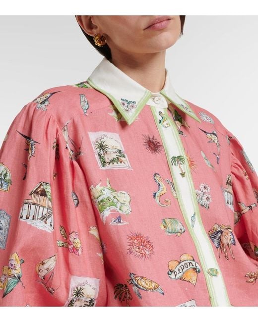 ALÉMAIS Pink Puff-Sleeve Printed Linen Shirt