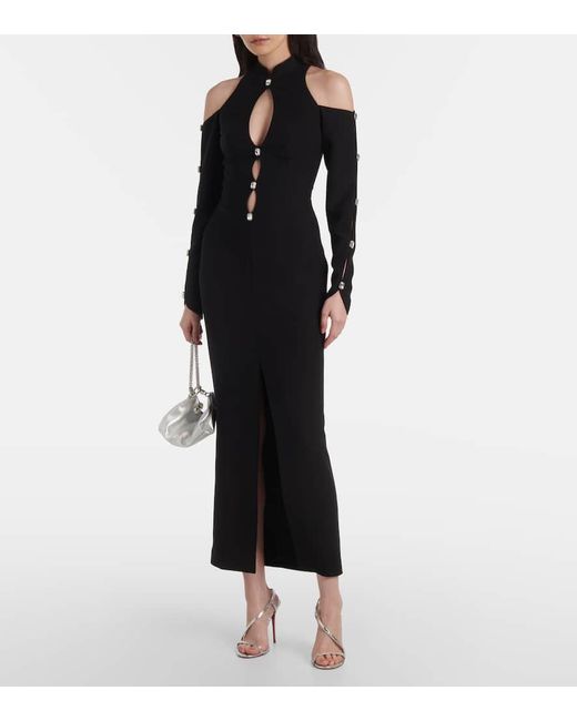 Rasario Black Crystal-Embellished Crepe Midi Dress