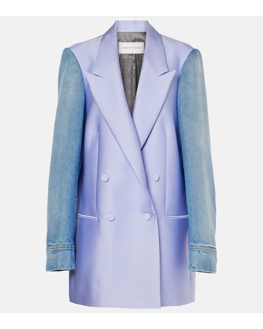 Dries Van Noten Blue Lilac Polyester-Silk Denim-Trimmed Blazer
