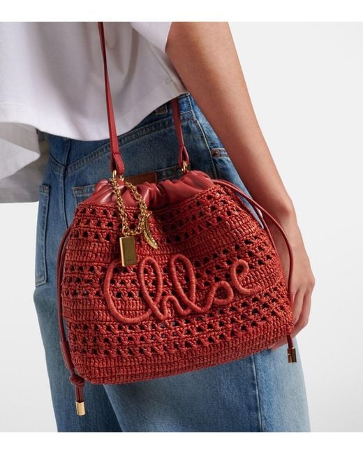 Chloé Red Summer Banana Mini Raffia Shoulder Bag