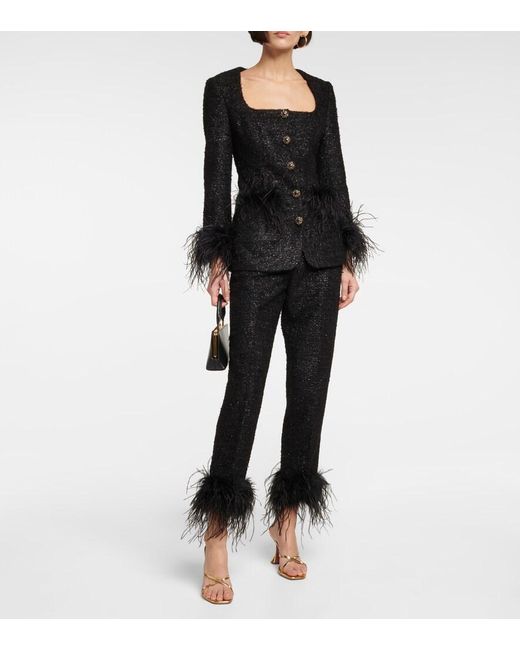 Rebecca Vallance Black Jourdan Feather-Trimmed Boucle Pants