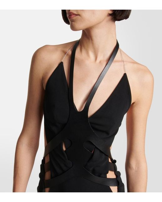 Dion Lee Black Cutout Leather-Trimmed Halterneck Gown