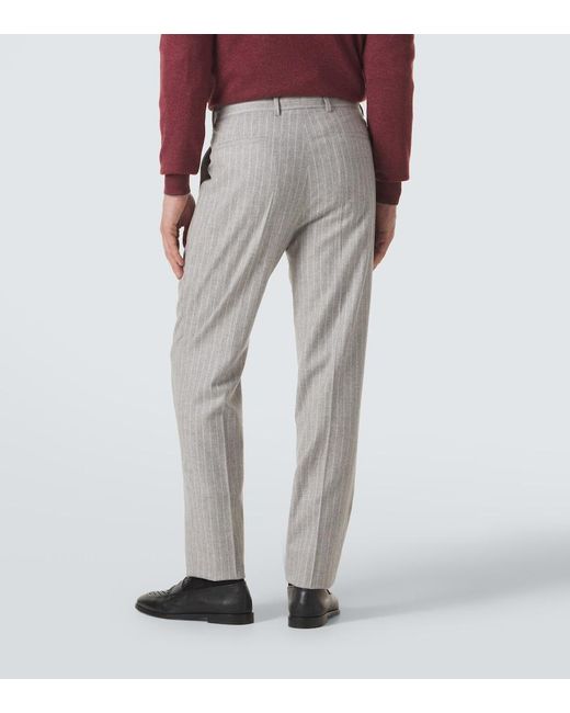 Brunello Cucinelli Gray Pinstripe Wool And Cashmere Tapered Pants for men