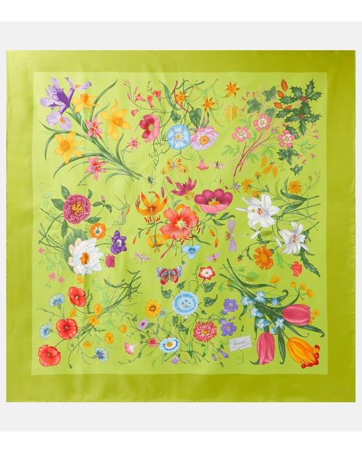 Gucci Green Silk Twill Scarf Printed