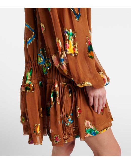 ALÉMAIS Brown Embroidered Silk-Blend Mini Dress