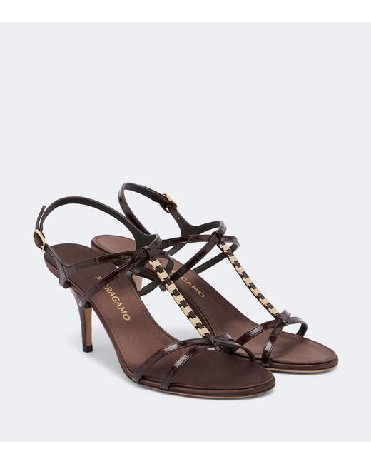 Ferragamo Brown Tiane Croc-Effect Embellished Leather Sandals