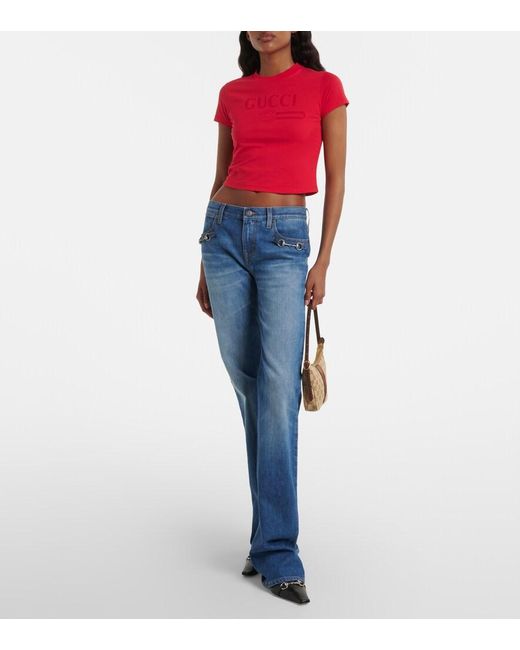 Gucci Red Logo Cropped Cotton-Blend Jersey T-Shirt