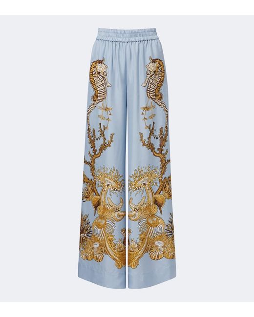 LaDoubleJ Blue Printed Silk Twill Palazzo Pants