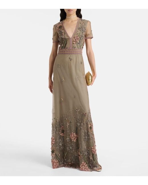 Costarellos Natural Floral Embellished Gown