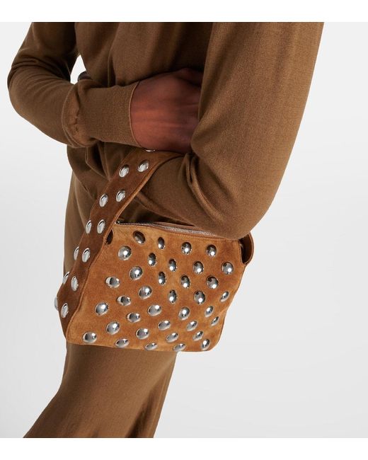 Khaite Brown Elena Small Studded Suede Shoulder Bag