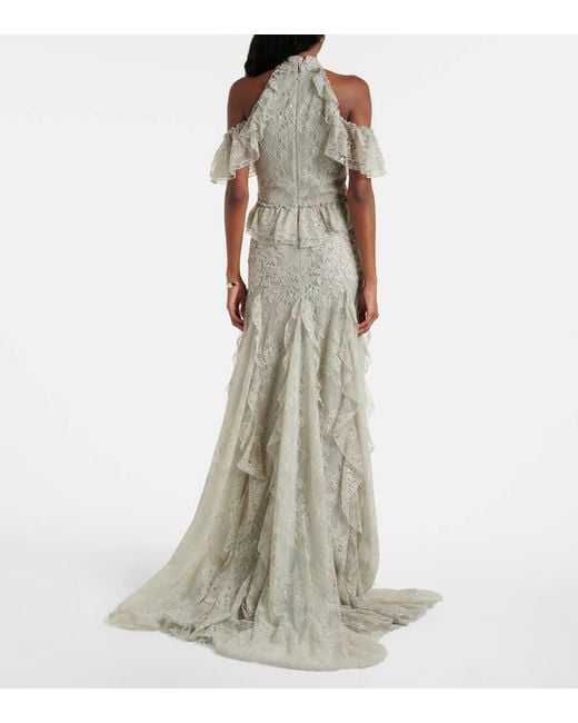Costarellos White Rhodine Embellished Halterneck Lace Gown