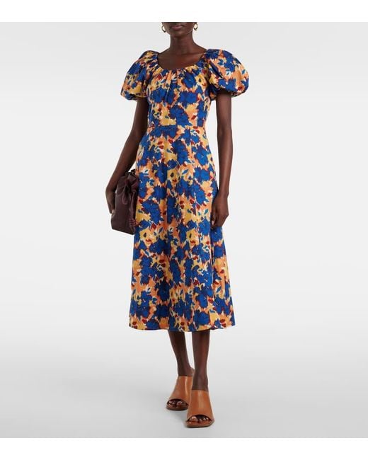 Ulla Johnson Blue Imara Floral Cotton Poplin Midi Dress