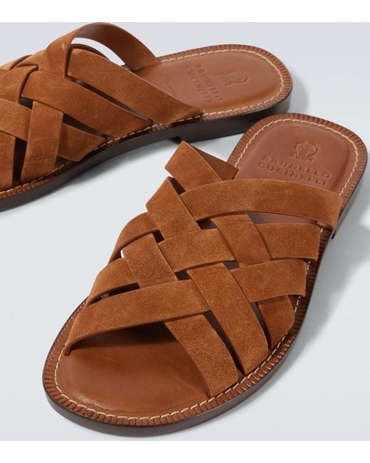 Brunello Cucinelli Brown Woven Suede Sandals for men