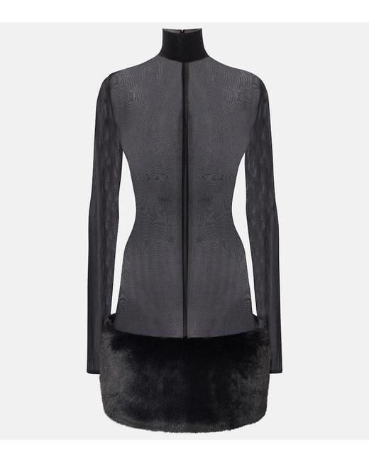 Magda Butrym Black Sheer Faux Fur-Trimmed Minidress
