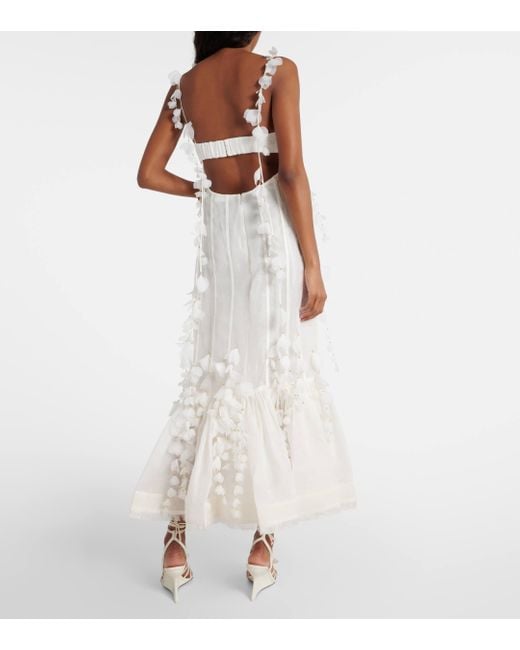 Zimmermann White Embroidered Floral Linen And Silk Midi Dress