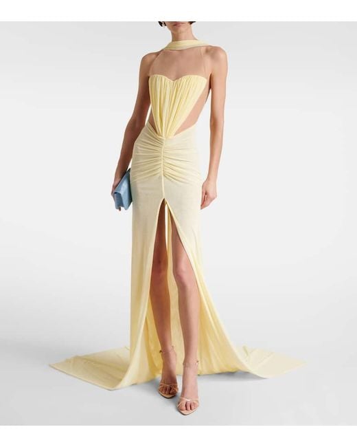 David Koma Metallic Ruched Halterneck Gown