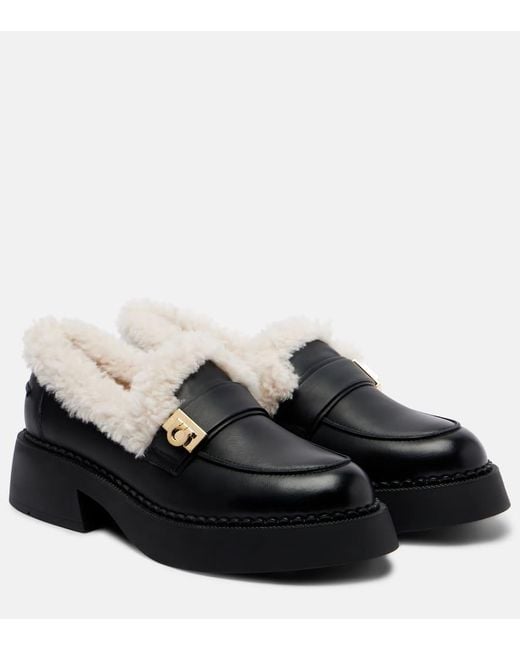 Ferragamo Black Caminia Shearling-Trimmed Leather Loafers