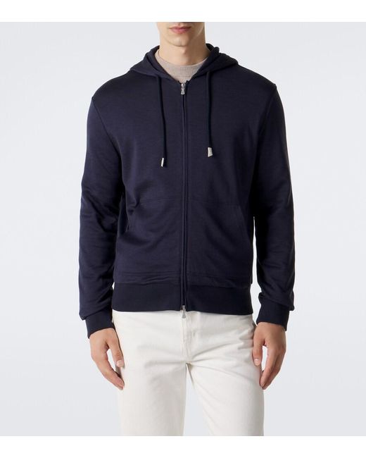 Eleventy Blue Silk And Cotton-Blend Zip-Up Hoodie for men