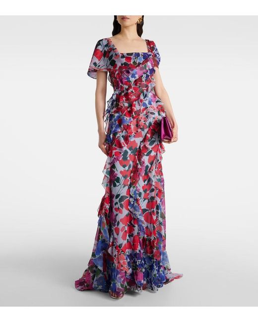 Carolina Herrera White Floral Ruffled Chiffon Gown