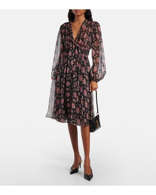 Dolce & Gabbana Black Floral Shirred Silk Midi Dress