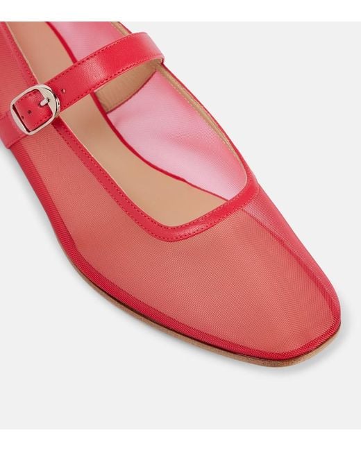 Le Monde Beryl Red Leather-Trimmed Mesh Mary Jane Flats