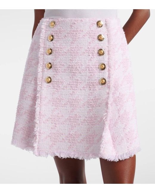 Mini-Jupe En Coton Melange A Carreaux Balmain en coloris Pink