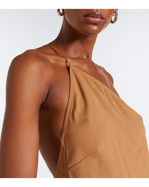 ‎Taller Marmo Brown Antelope Fringe-Trimmed Asymmetric Midi Dress